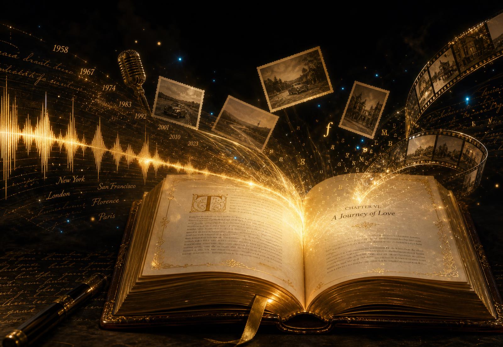 An open book with glowing pages, a golden voice waveform, photographs, film frames, handwritten notes, dates and places flowing into its chapters