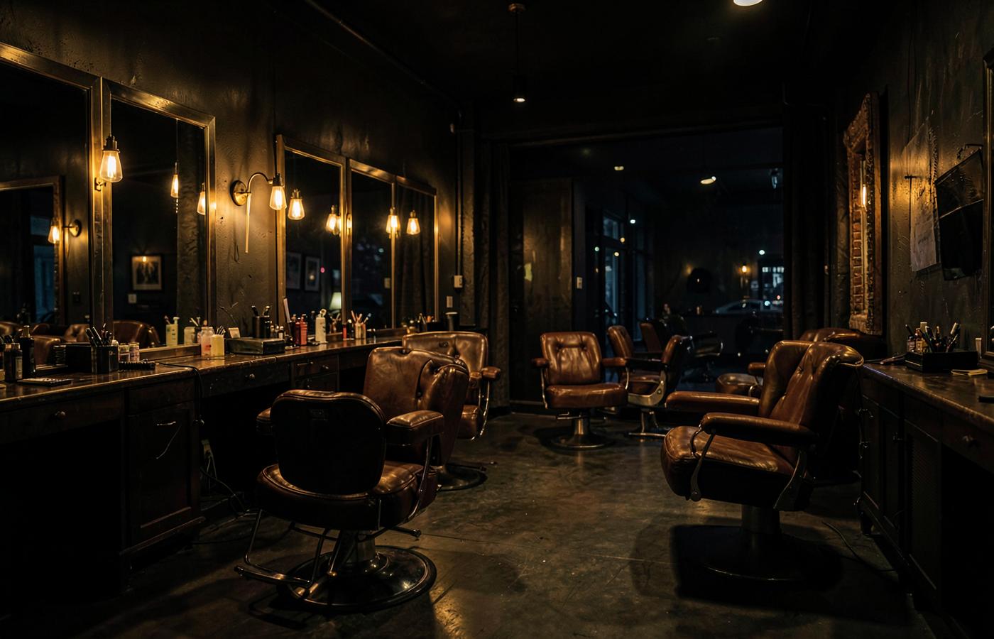 An empty salon at night with leather chairs, tall mirrors and warm hanging bulbs