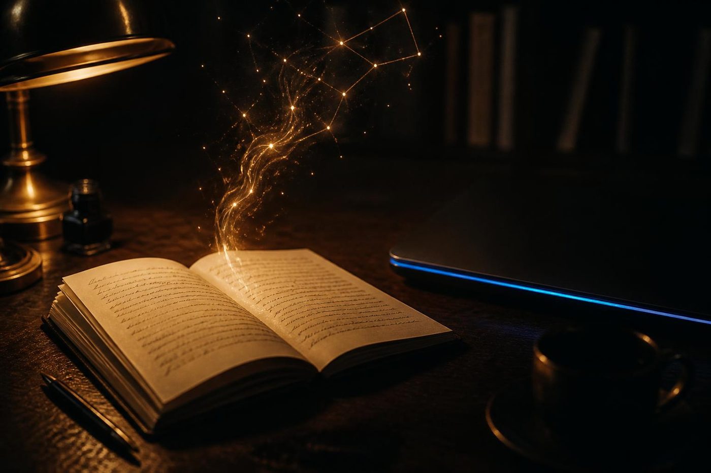 An open handwritten notebook on a dark desk beside the blue-lit edge of a laptop, with threads of golden light rising from the page into a small constellation