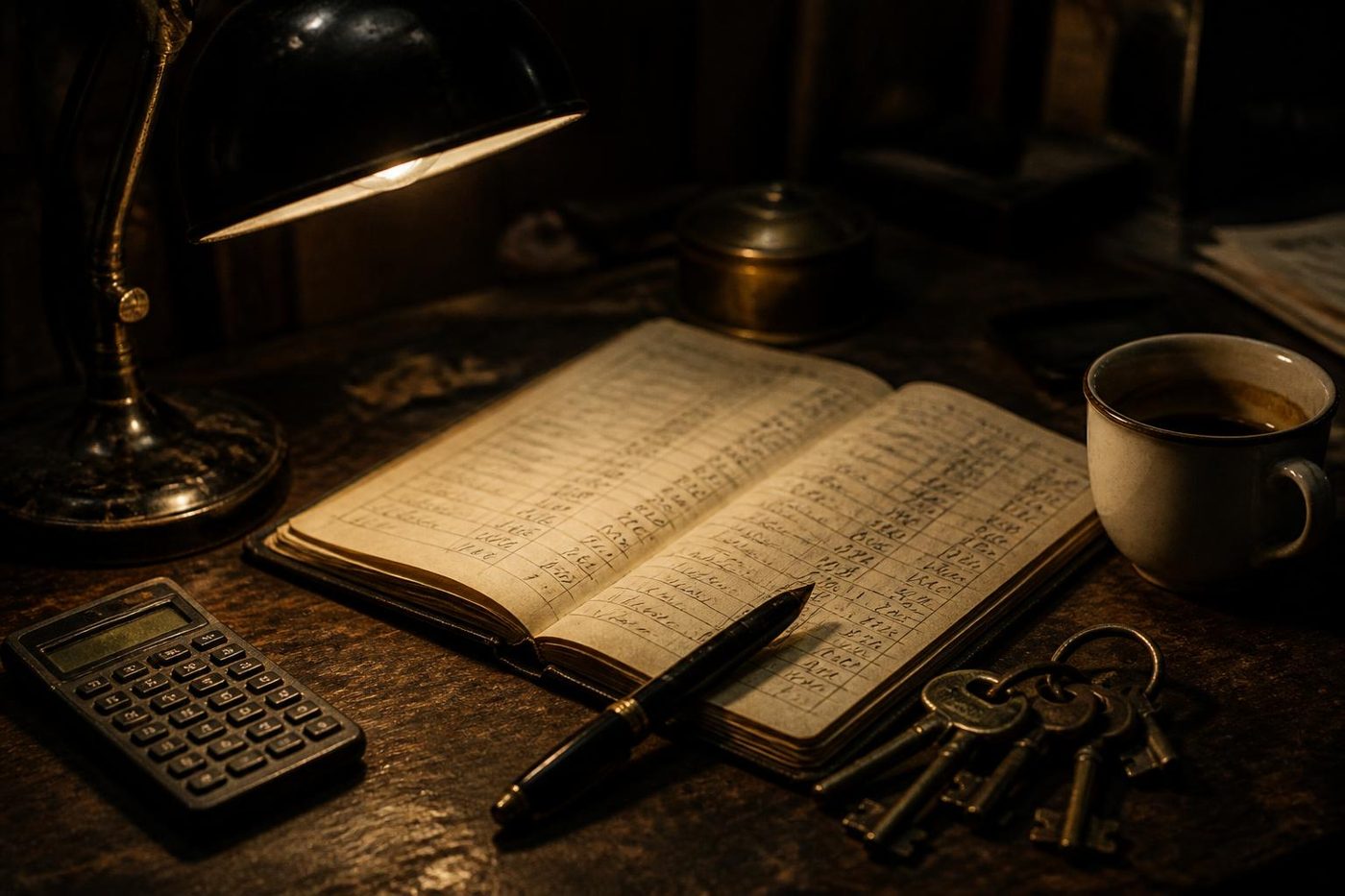 A ledger notebook filled with handwritten figures, a pocket calculator, a fountain pen, a ring of keys and a cup of coffee under a desk lamp late at night