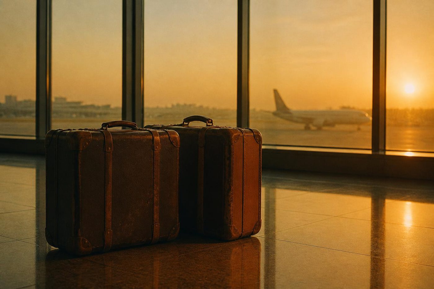 Two worn leather suitcases standing on a polished terminal floor at sunrise, an airplane waiting beyond the windows