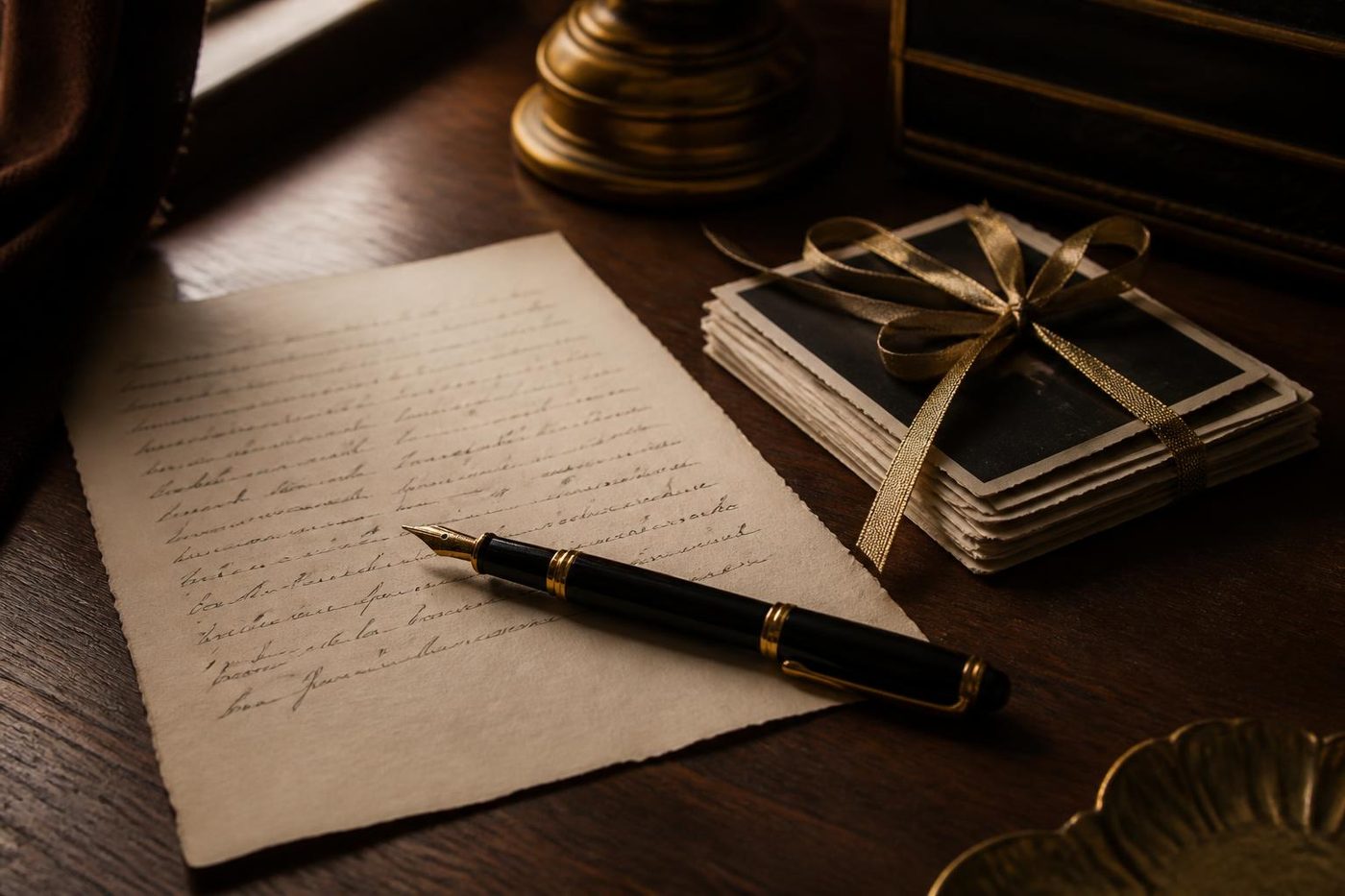 A handwritten letter on ivory paper with a fountain pen resting across it, beside a small stack of photographs turned face-down and tied with a gold ribbon