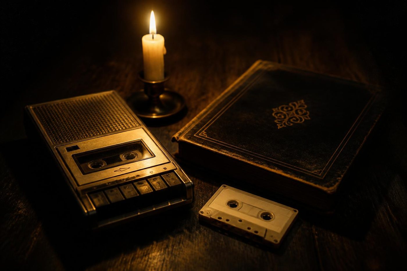 A vintage cassette recorder and a blank cassette resting on a dark wooden table beside a lit candle and a closed leather album