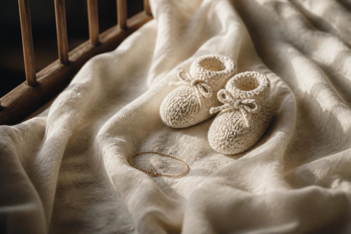A pair of cream knitted baby booties and a thin gold bracelet resting on an ivory blanket in soft morning light