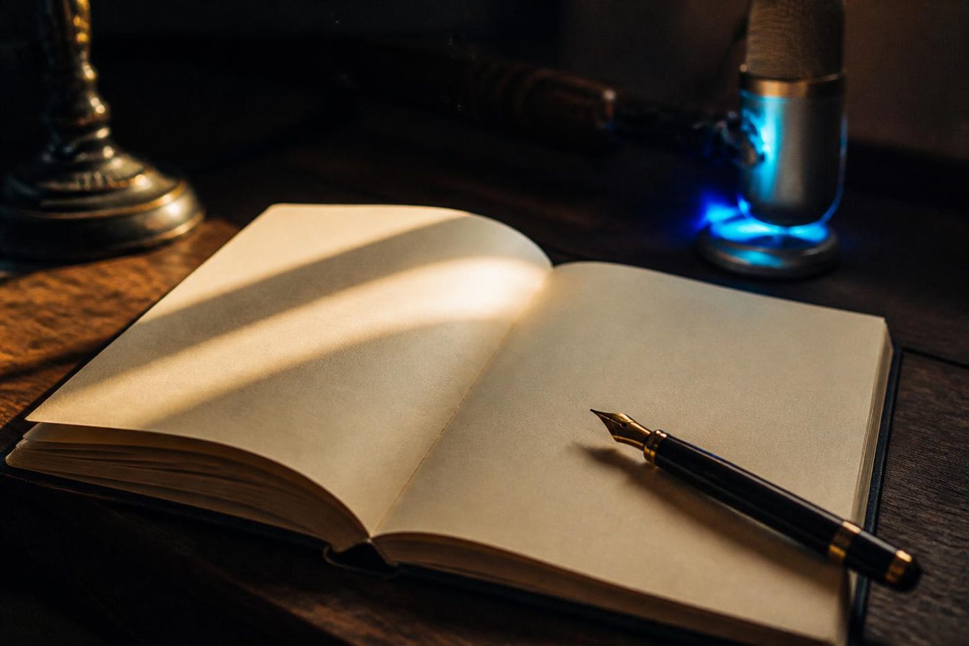 An open book with blank ivory pages and a fountain pen in a shaft of morning light, a microphone glowing softly blue behind it