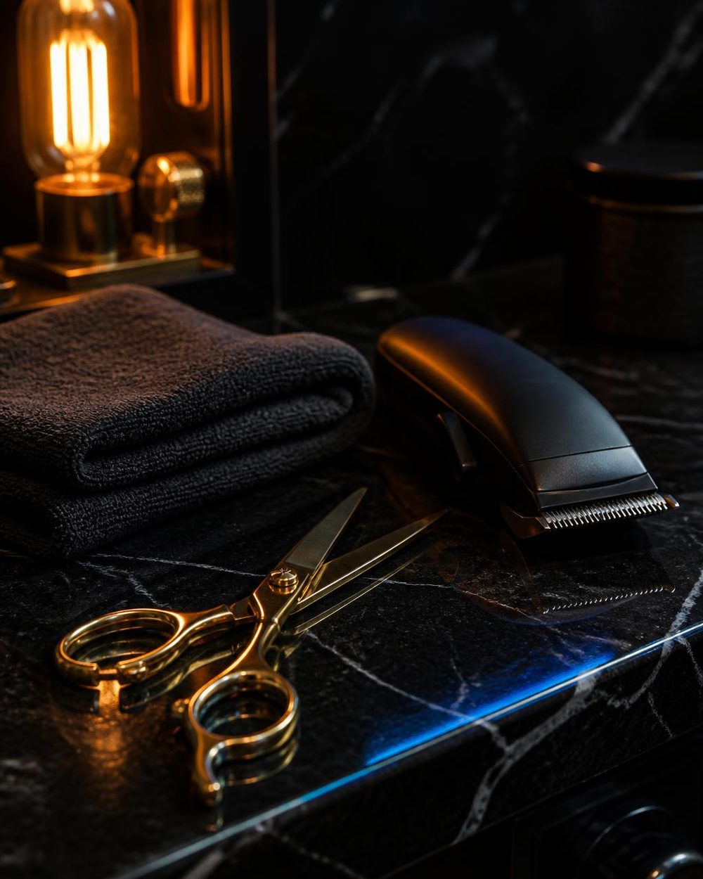 Gold barber scissors, a matte black clipper and a folded dark towel laid on a black marble counter under warm light
