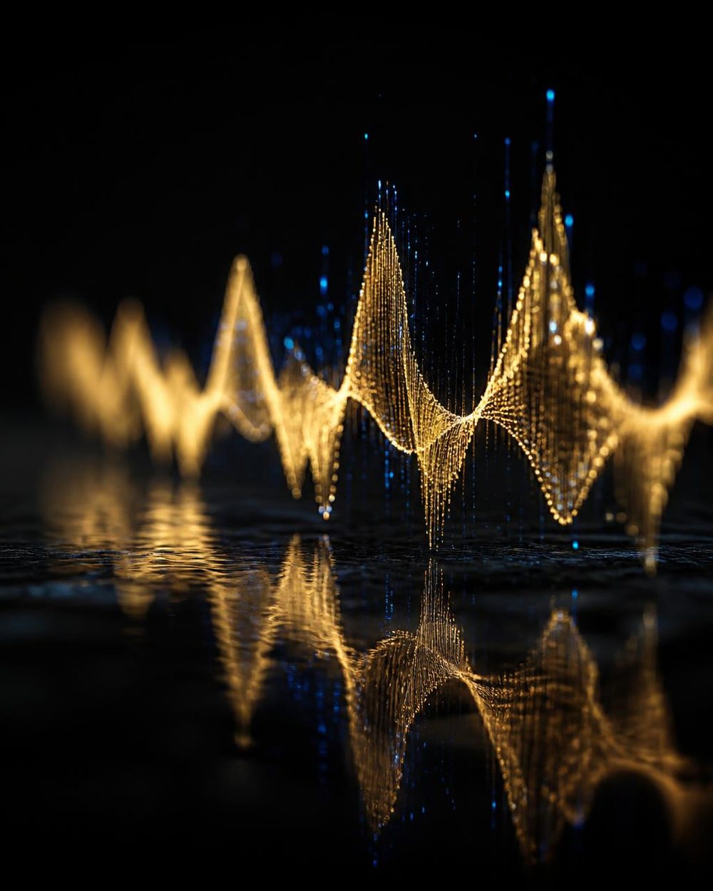 A golden sound wave made of light hovering above black glass, trailing small electric-blue sparks